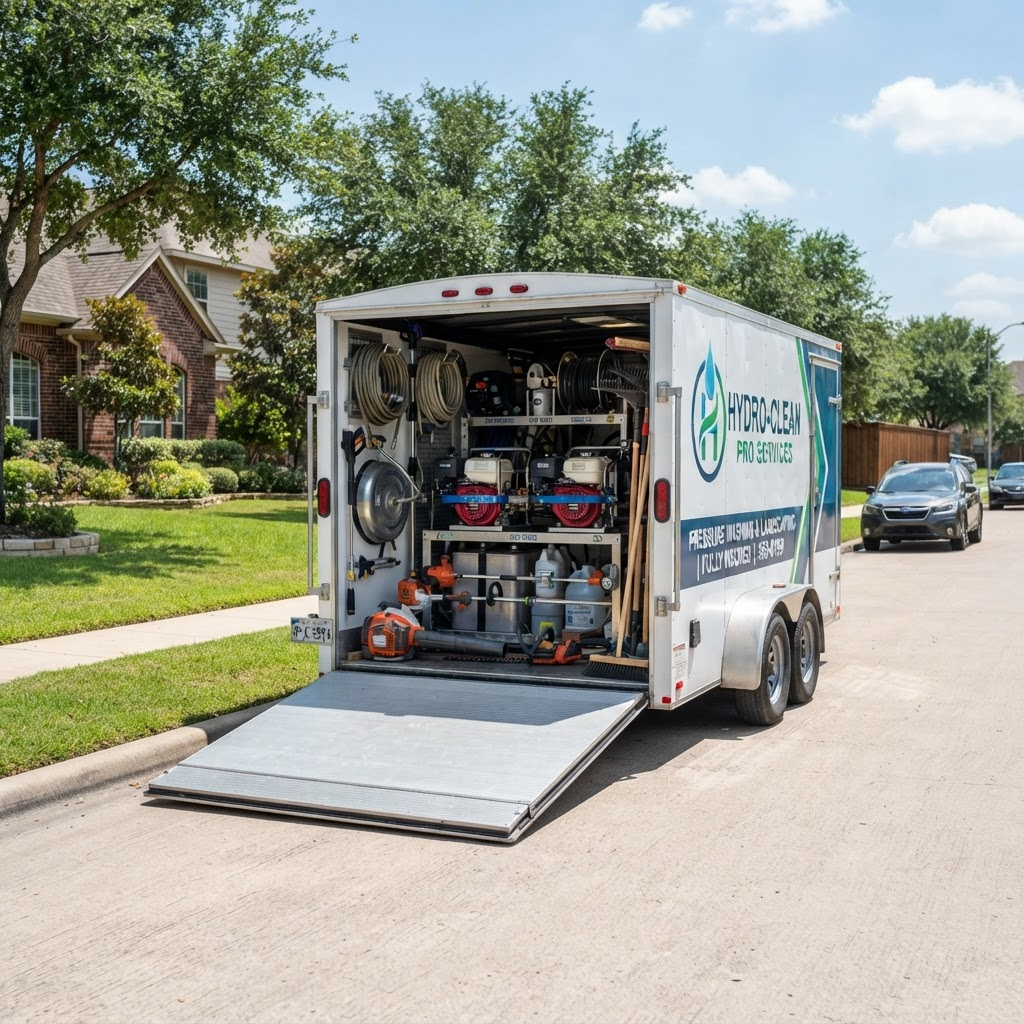 G & J Services professional work trailer with pressure washing and landscaping equipment