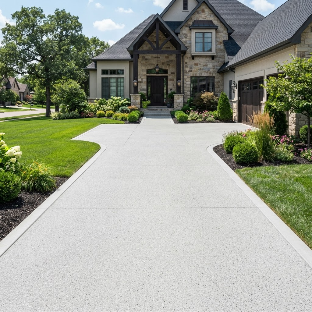 Freshly pressure washed spotless concrete driveway and walkway in front of a home