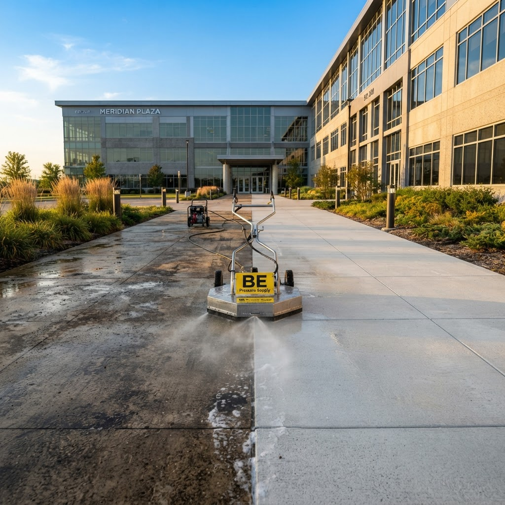 G & J Services professional pressure washing a commercial building exterior